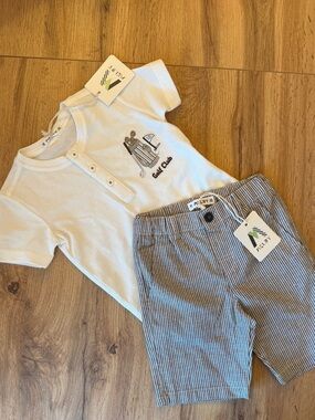 Kids White 'Golf Club' Henley Tee & Blue Stripe Shorts Matching Set by Melby